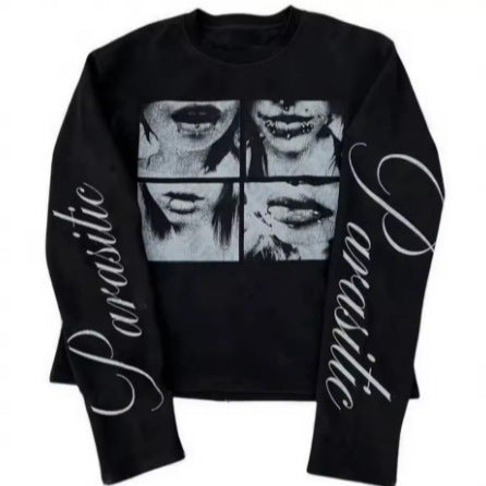 Round Neck Long Sleeve Cotton T-Shirt with Print