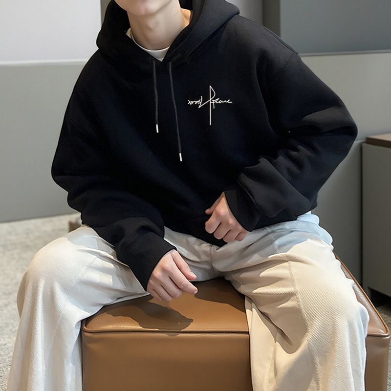 Mens Hooded Fleece Sweatshirt Letter Print Casual Top
